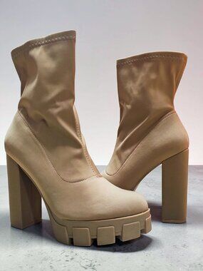 Chunky Platform Block Heel Ankle Boots With Side Zipper In Taupe Satin Material